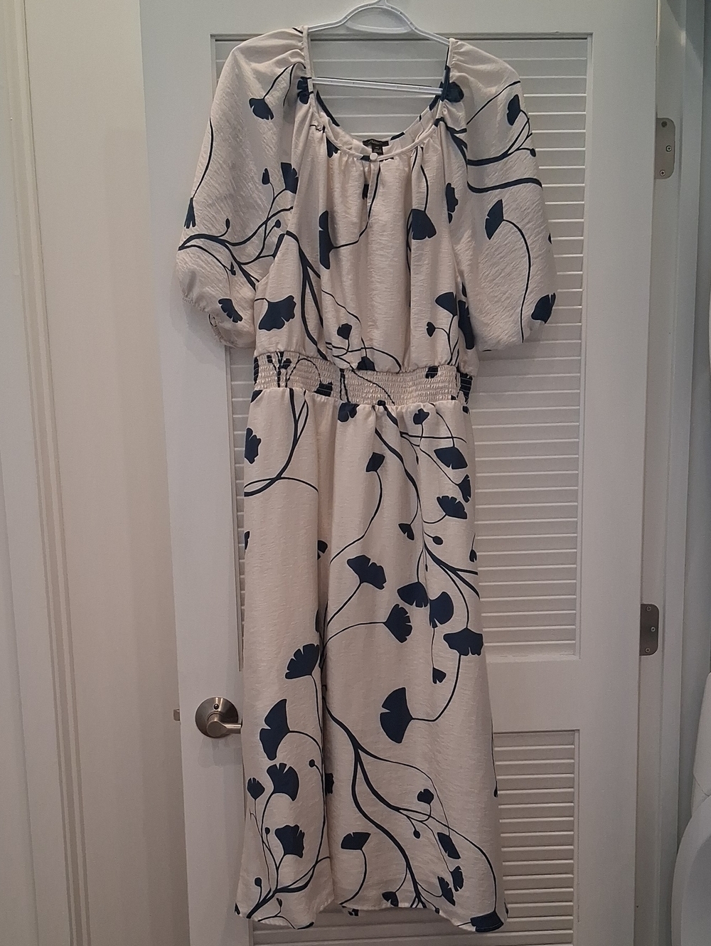 Ann Taylor Factory XXL Floral Print Midi Dress Navy Blue Puffed Sleeves